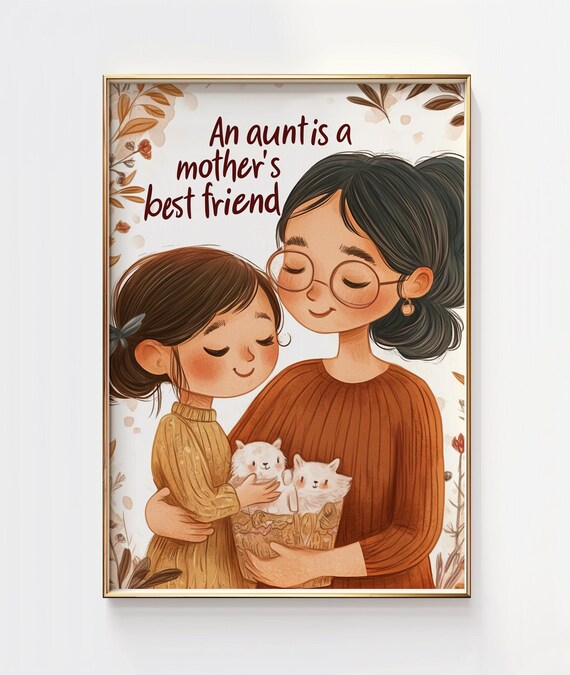 Aunt Niece Mothers Best Friend Kittens Hug Warm Illustration Poster