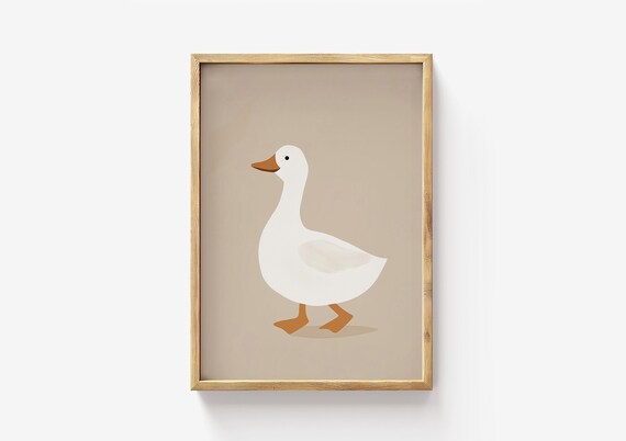 Cute White Duck Waddling Beige Farm Nursery Neutral Kids Poster