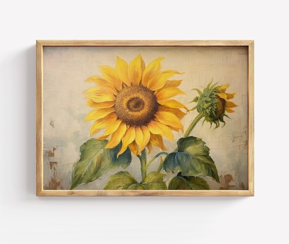 Vintage Sunflower Bloom Botanical Oil Painting Poster On Cream