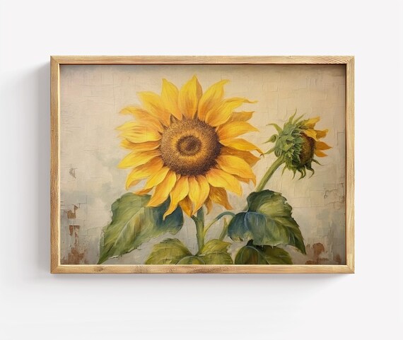 Vintage Sunflower Print Botanical Floral Wall Art Bright Yellow Flower Painting Rustic Country Decor