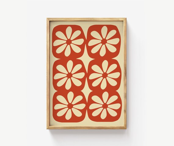Burnt Orange Cream Retro Flower Tile Pattern Wall Poster for Modern Home Decor