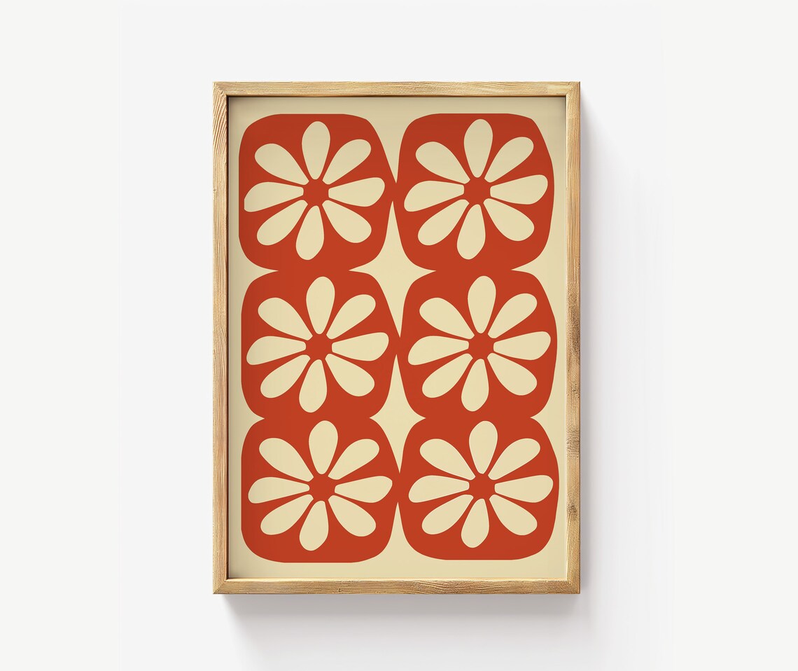 Burnt Orange Cream Retro Flower Tile Pattern Wall Poster for Modern Home Decor