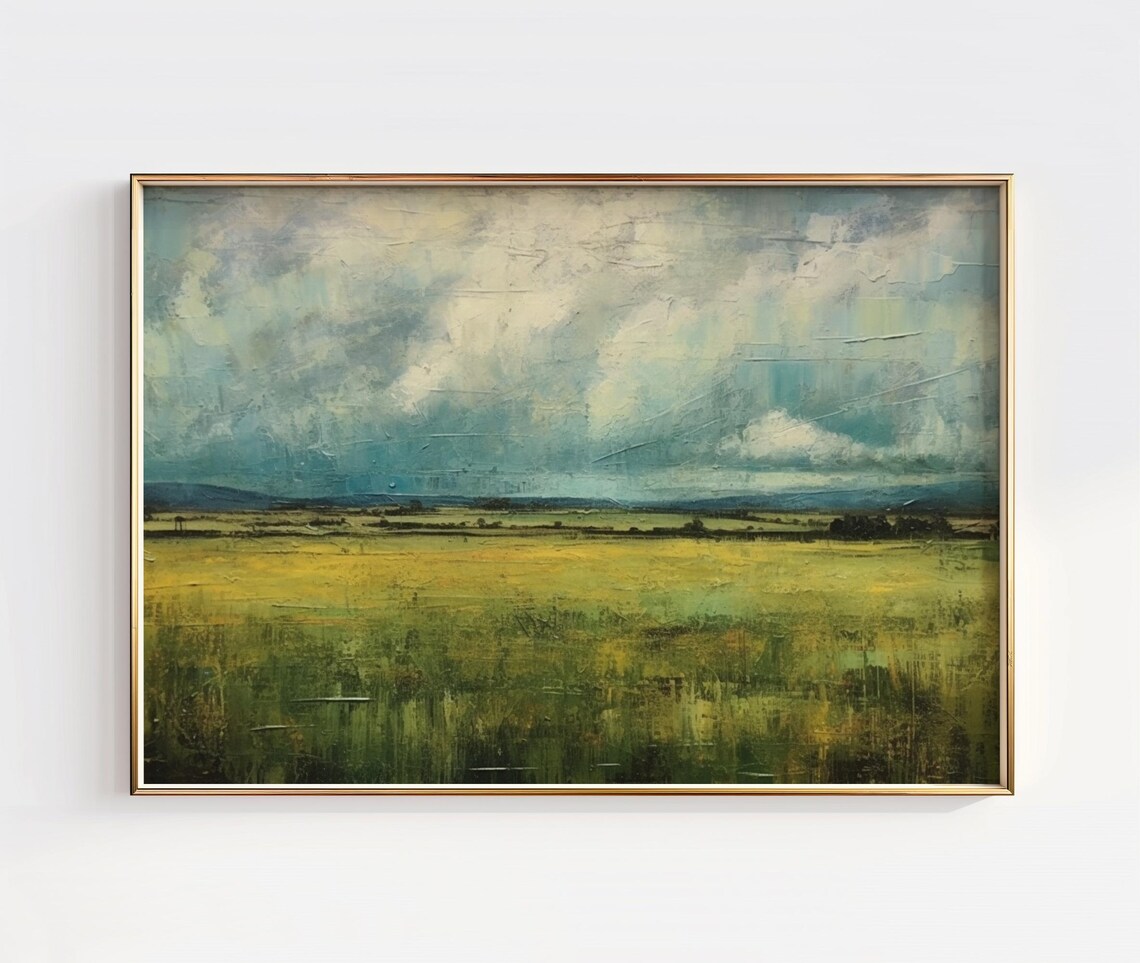 Golden Countryside Field Landscape Painting Cloudy Sky Wall Art