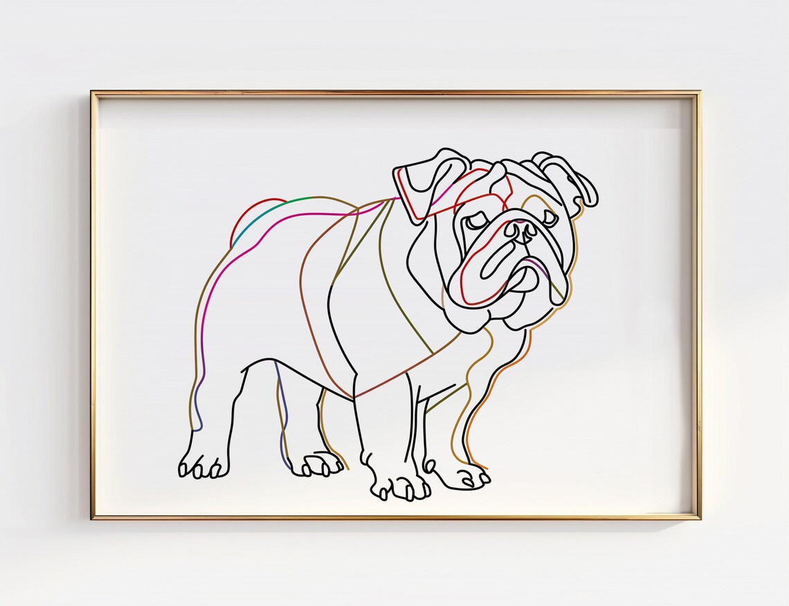 English Bulldog Minimalist Rainbow Line Drawing Dog Portrait Wall Art