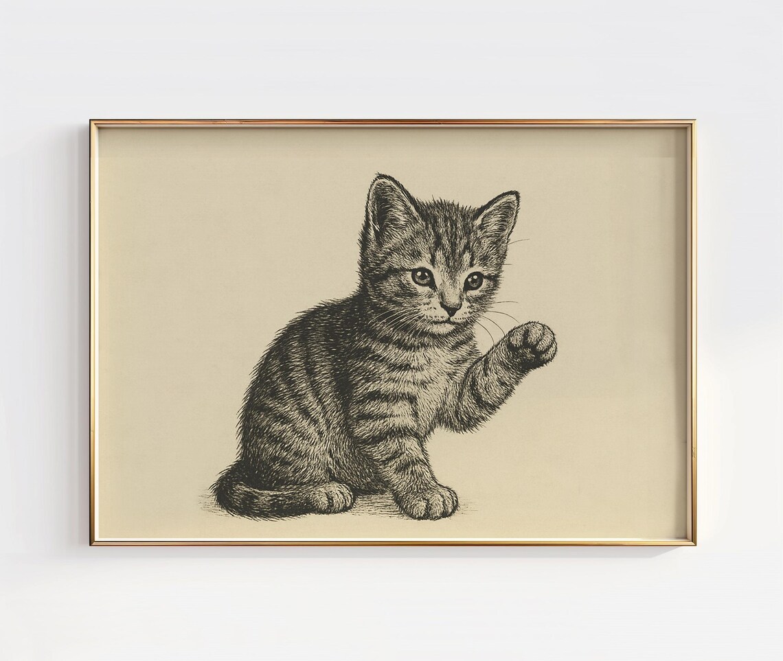 Playful Cute Kitten Reaching Paw Vintage Ink Sketch Art Poster