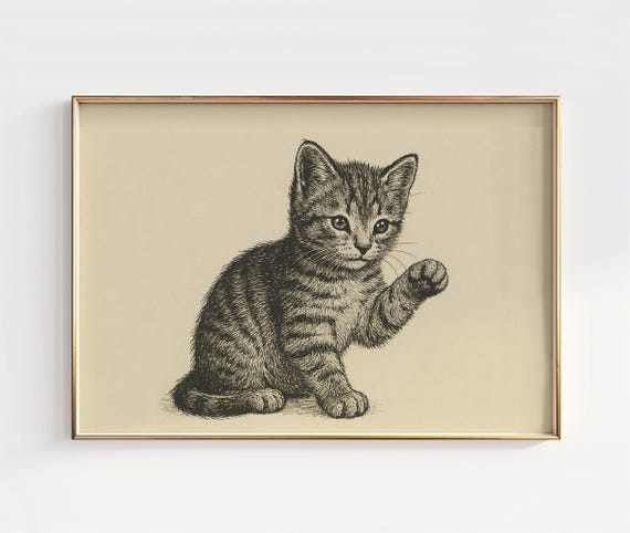 Vintage Kitten Art Print Minimalist Cat Drawing Nursery Wall Decor