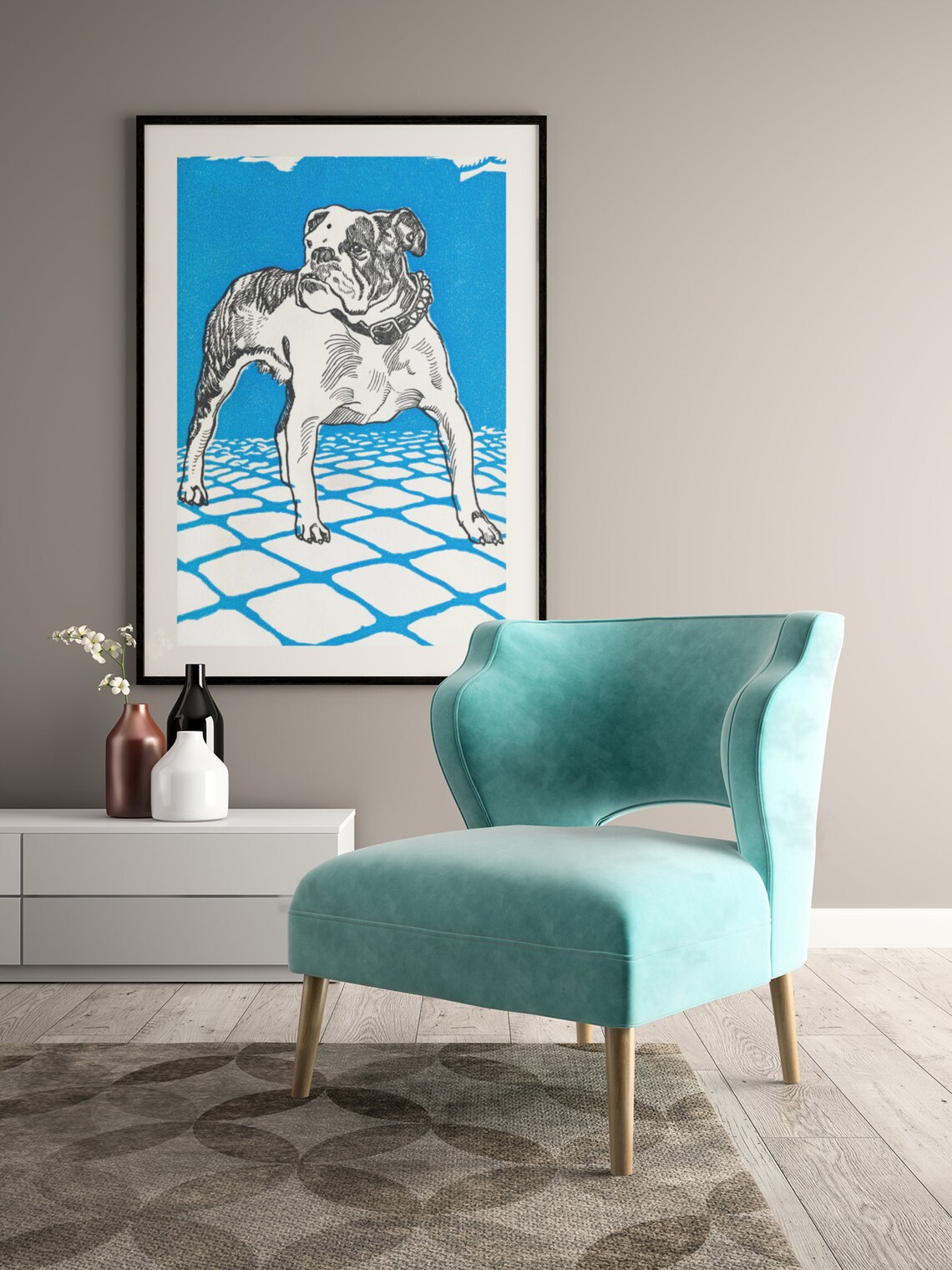 Vintage British Bulldog Dog Illustration Blue Pop Art Poster - Image 3
