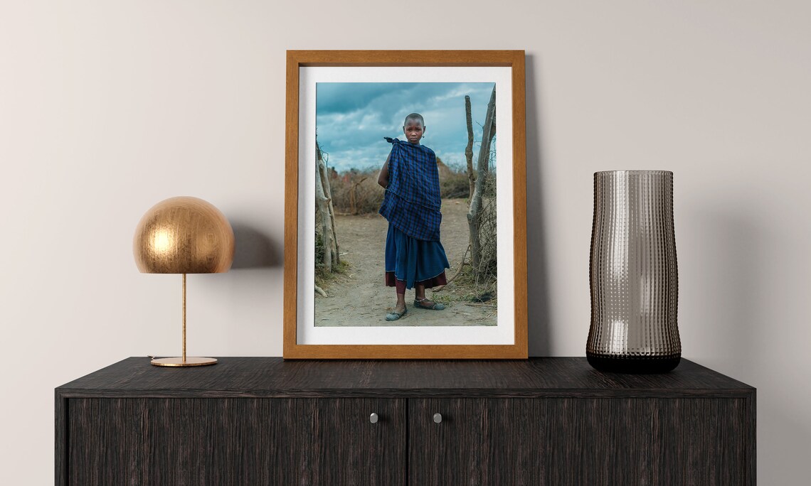 African Boy In Blue Cloth Traditional Village Portrait Photo Print - Image 2