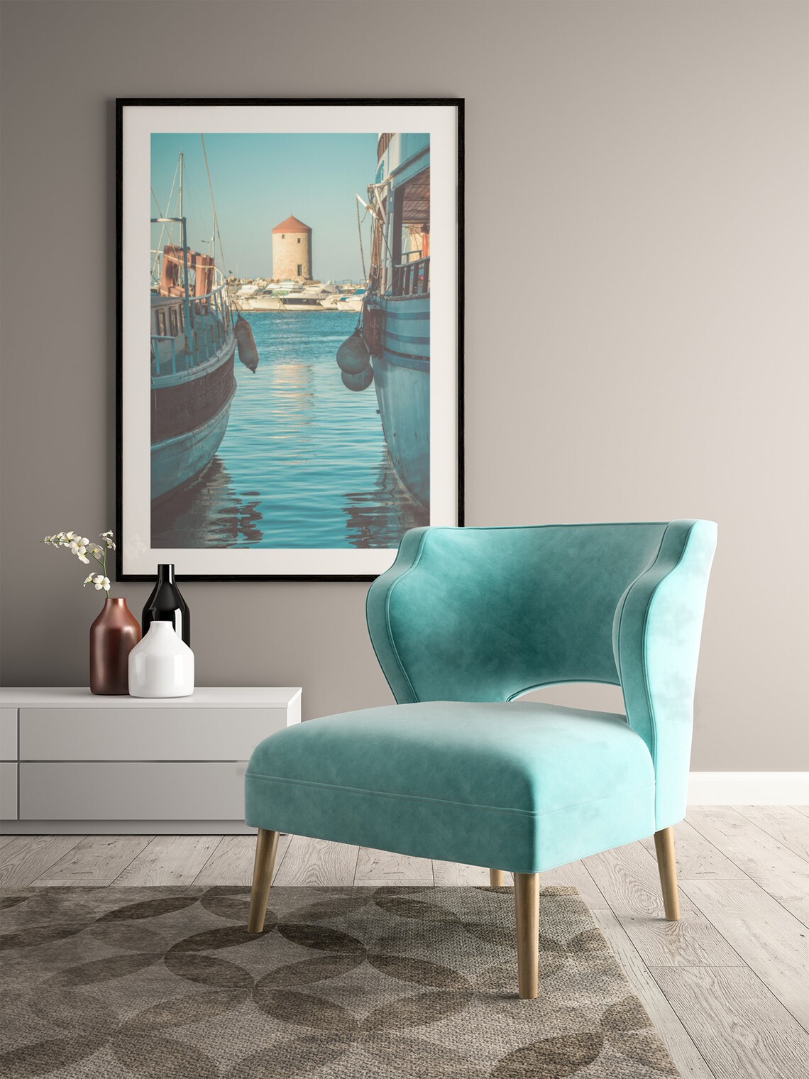 Rhodes Harbor Boats Windmill Tower Greece Photography Poster - Image 4