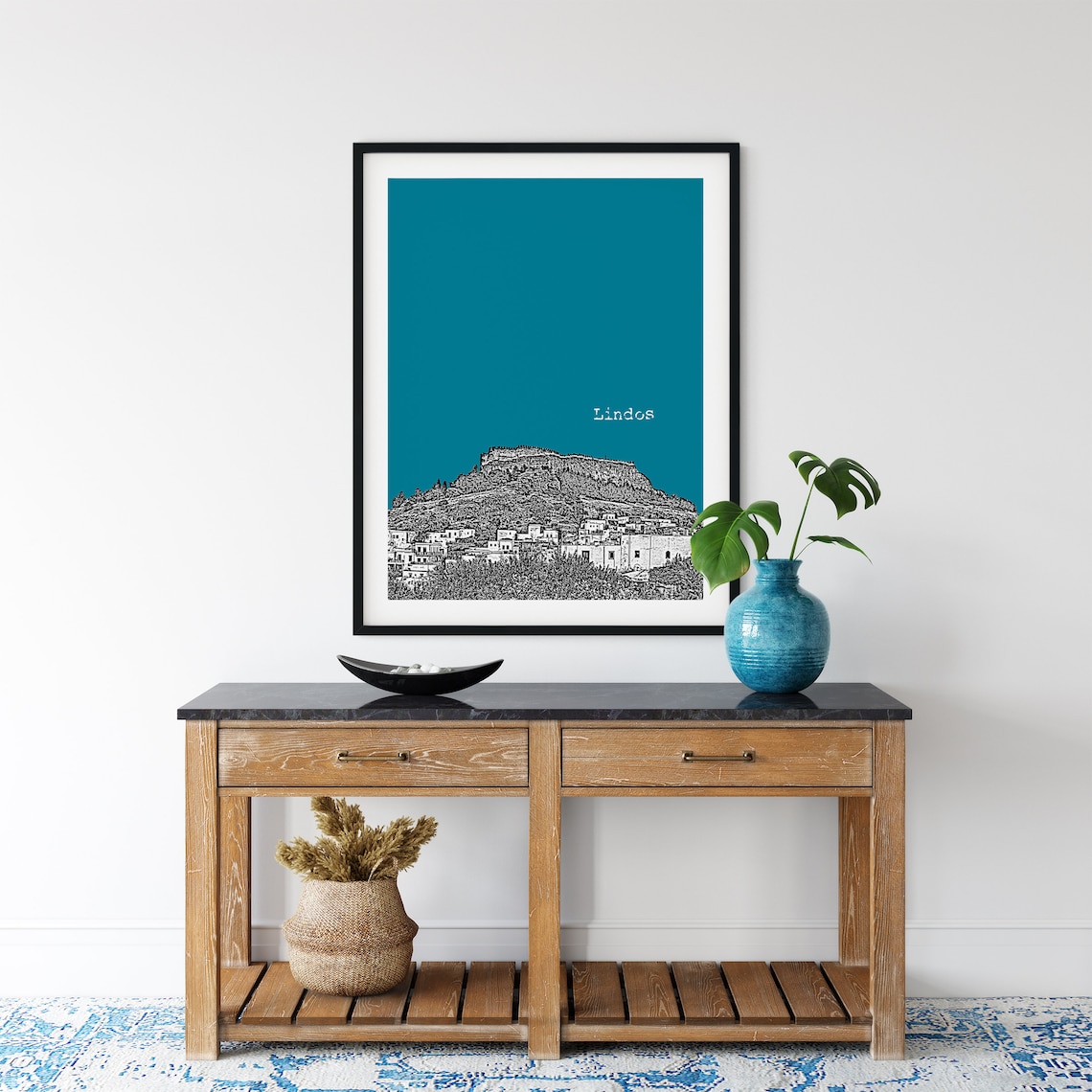 Lindos Rhodes City Skyline Travel Poster