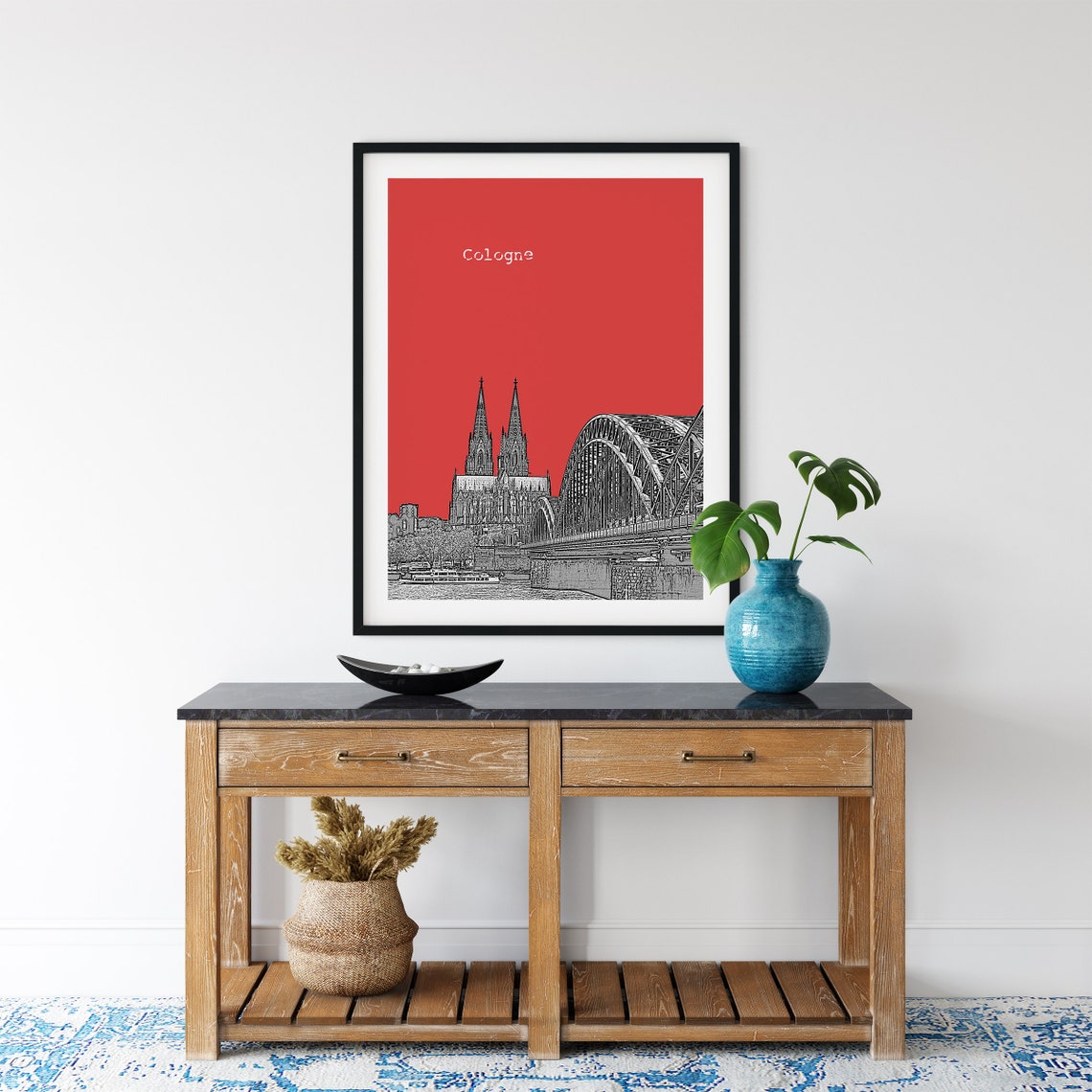 Cologne Red Pop Art Cathedral Twin Spires Bridge Sketch Print Decor - Image 3