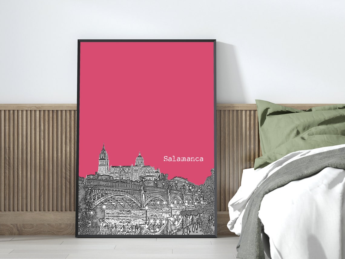 Salamanca Pink Pop Art Cathedral Bridge Skyline Sketch Print Decor - Image 3