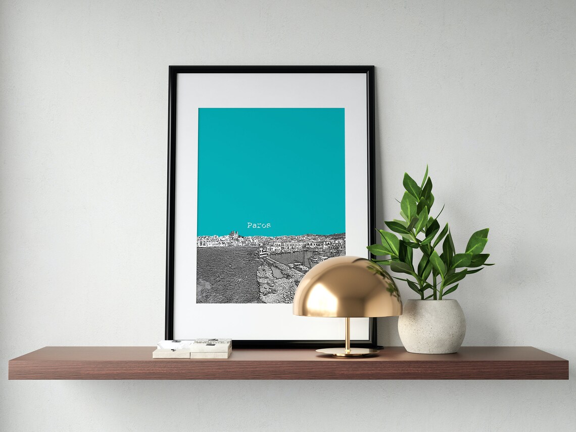 Paros Greece Harbor Color Block Poster With Custom Sky Color Option - Image 2
