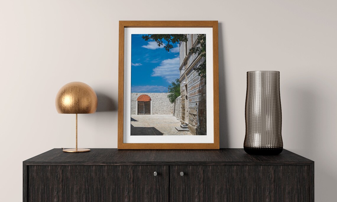 Sunlit Old Stone Street Courtyard White Walls Photography Poster - Image 2