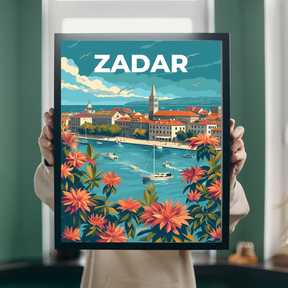 Zadar Croatia Harbor Illustrated Vintage Travel Poster Bold Flowers - Image 3