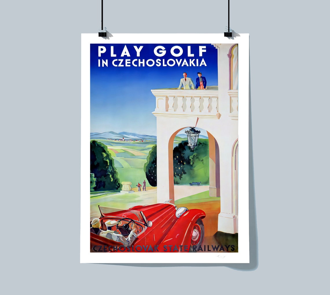 Play Golf in Czechoslovakia Red Convertible Vintage Golf Poster - Image 3