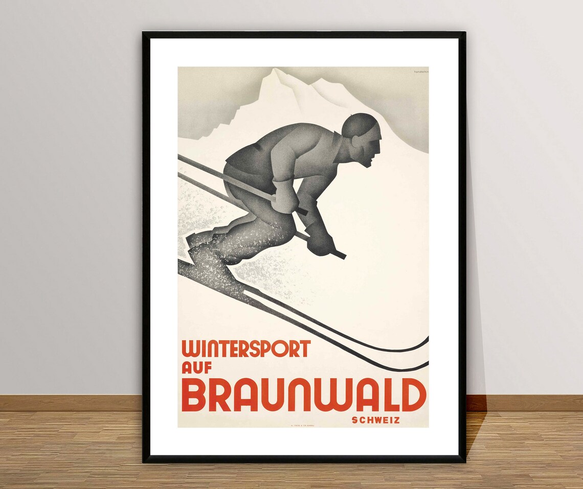 Braunwald Switzerland Wintersport Art Deco Skier Vintage Poster