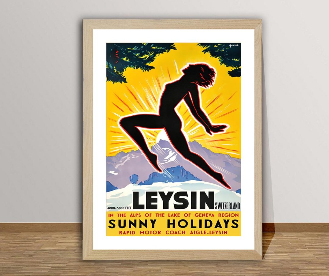 Leysin Switzerland Vintage Travel Poster, Retro Travel Poster