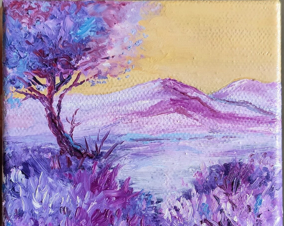 Lavender Fields Purple Mountains Golden Sky Original Oil Painting Wall Art - Image 3