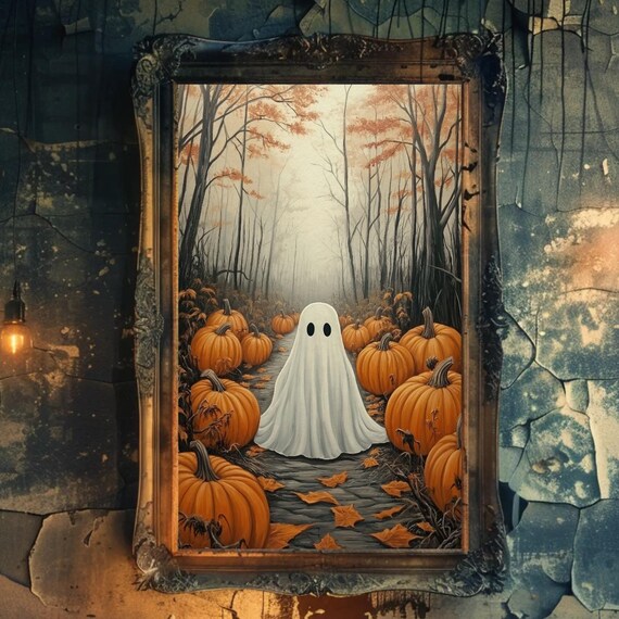 Ghost Pumpkin Patch Winding Autumn Forest Path Seasonal Halloween Poster