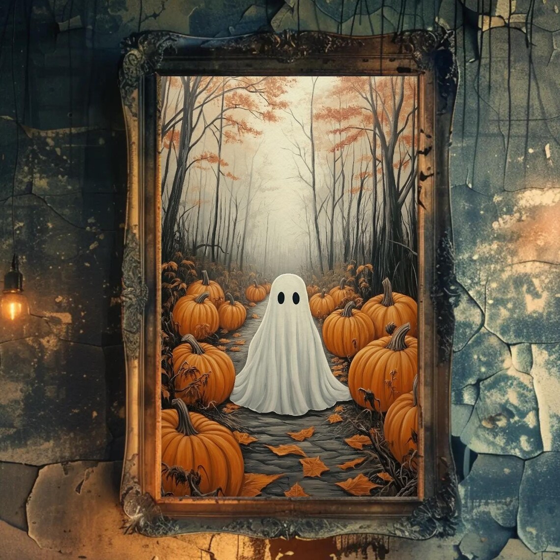 Ghost Pumpkin Patch Winding Autumn Forest Path Seasonal Halloween Poster