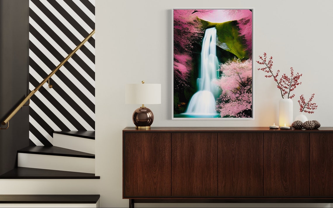 Cherry Blossom Waterfall Landscape Poster in Pink Spring Colors - Image 2