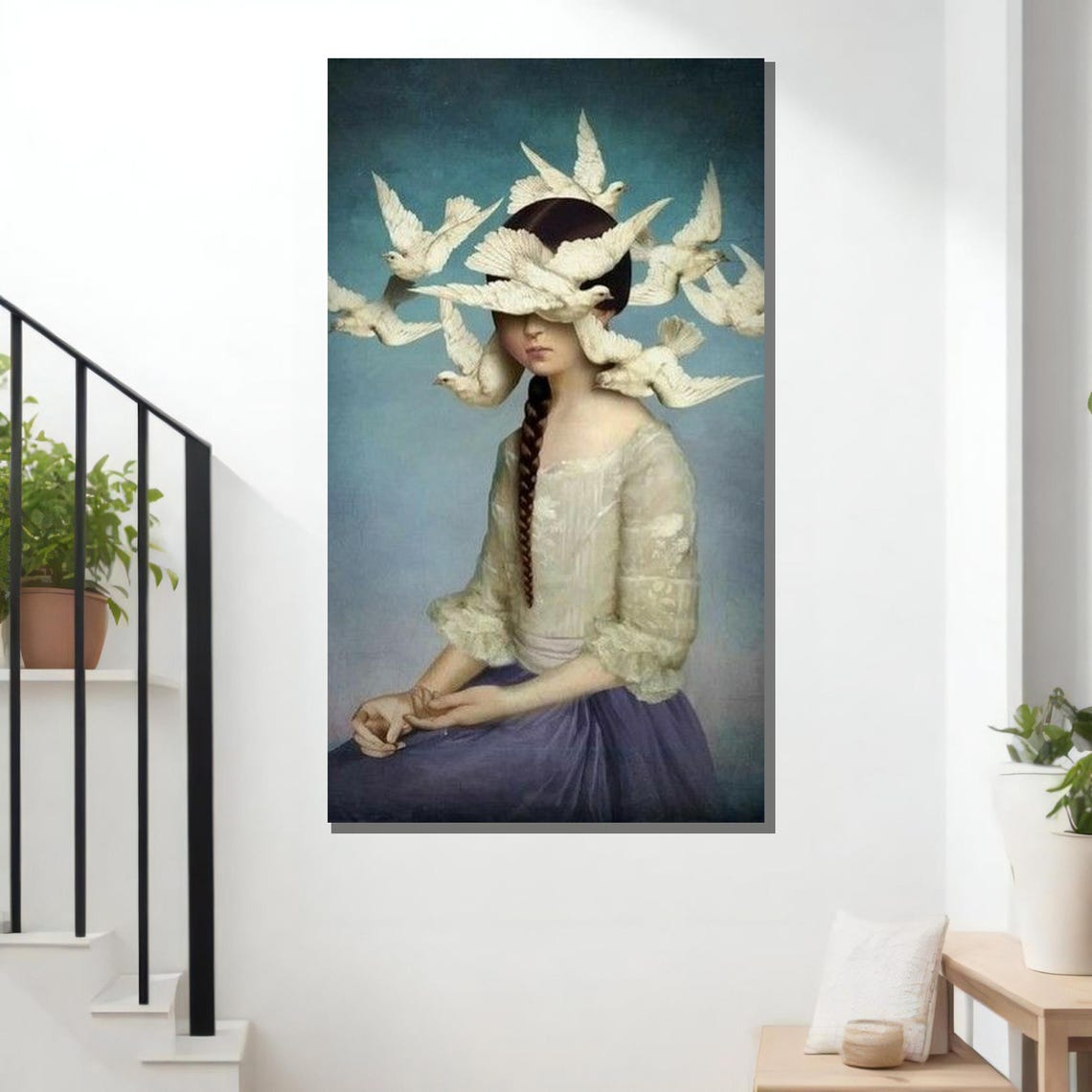 Girl With Doves Surreal White Bird Portrait Whimsical Art Print - Image 3