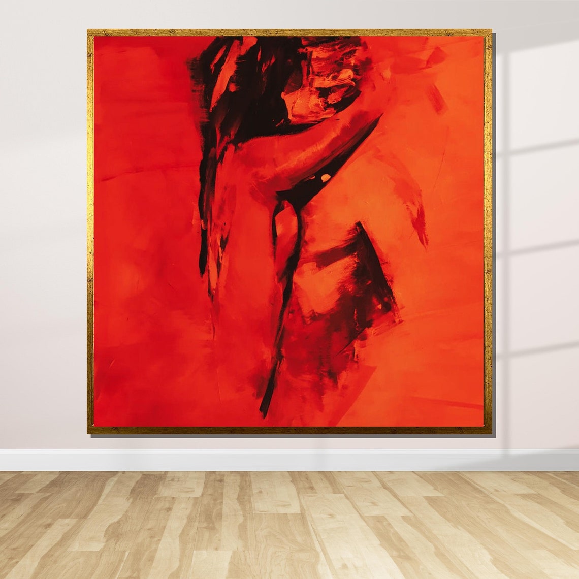 Passionate Red Embrace Abstract Lovers Painting Bold Wall Art Poster