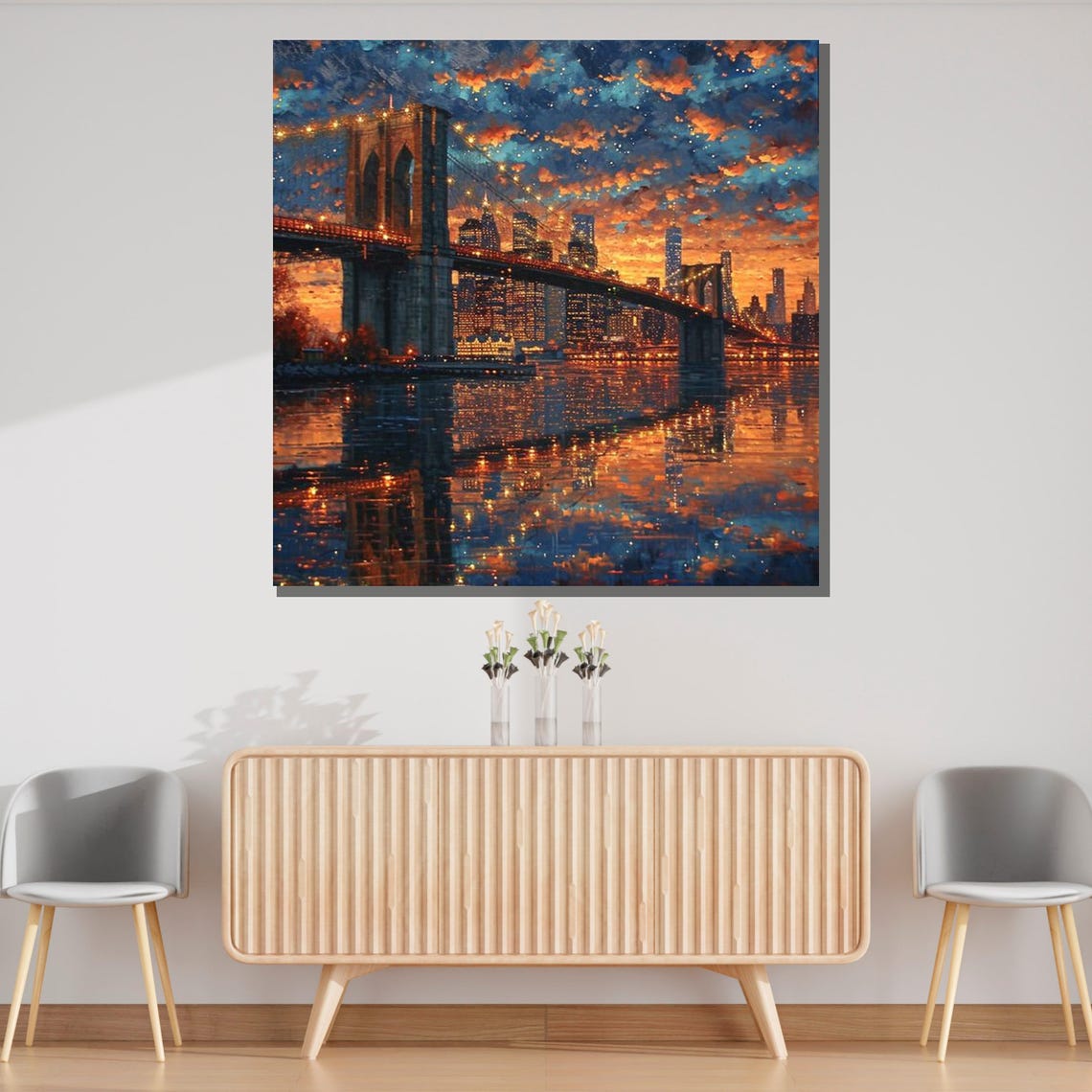 Brooklyn Bridge New York Sunset Skyline Lights Water Reflection Poster - Image 3