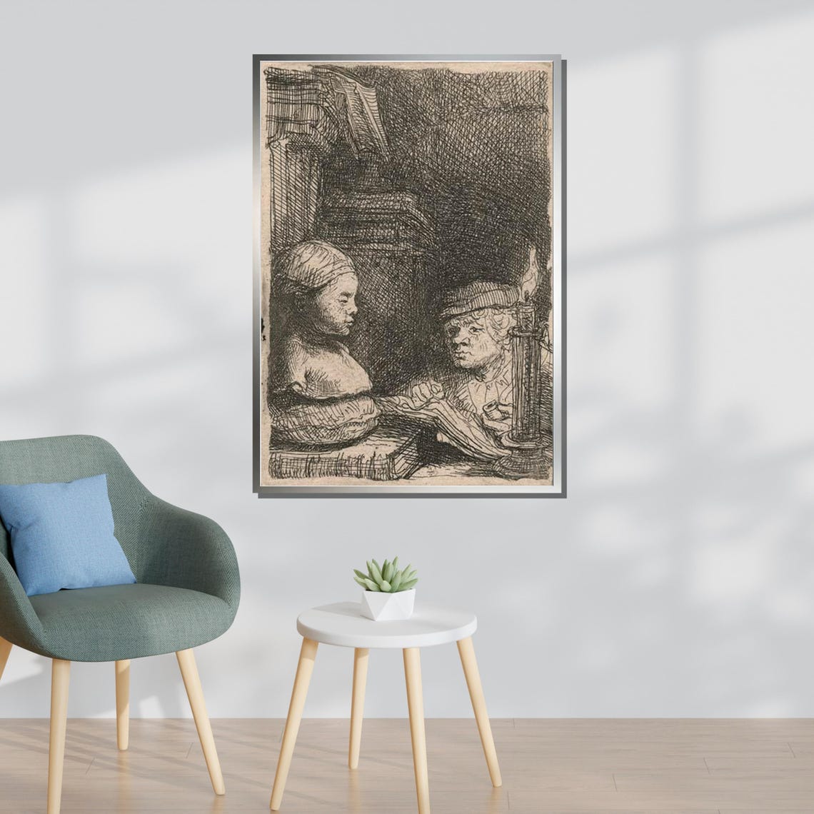 Classic Old Master Scholar With Bust Etching Baroque Candlelight Print - Image 3