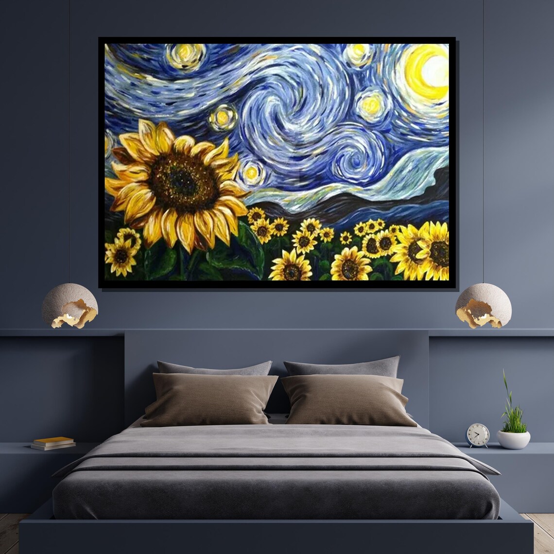Starry Night Sunflowers Van Gogh Style Swirling Sky Floral Art Poster