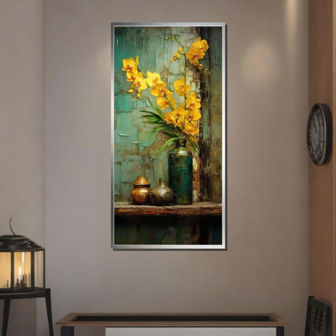 Golden Yellow Orchids Vase Still Life Vintage Botanical Art Print - Image 3