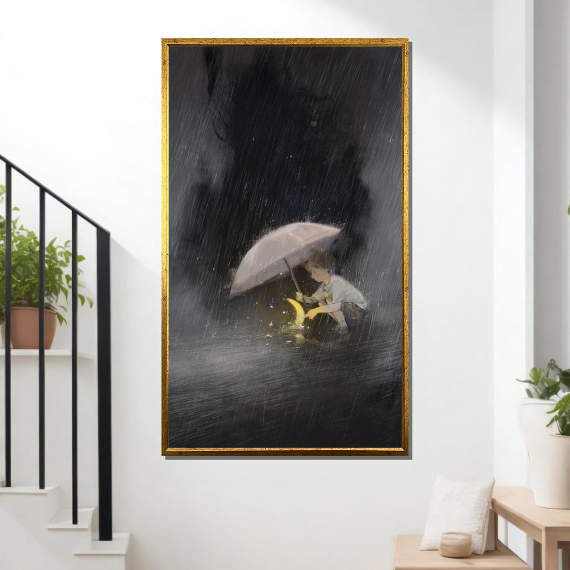 Magical Rainy Night Boy With Umbrella Glowing Moonlight Fantasy Poster