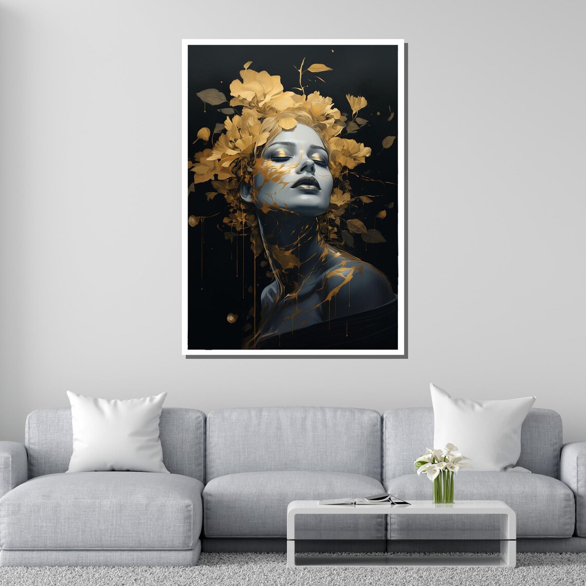 Golden Floral Goddess Black And Gold Elegant Portrait Art Poster - Image 4