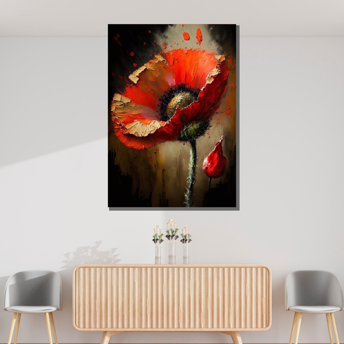 Red Poppy Blossom Abstract Flower Wall Art Vibrant Floral Painting Bold Flower Decor Ready To Hang Artwork - Image 3