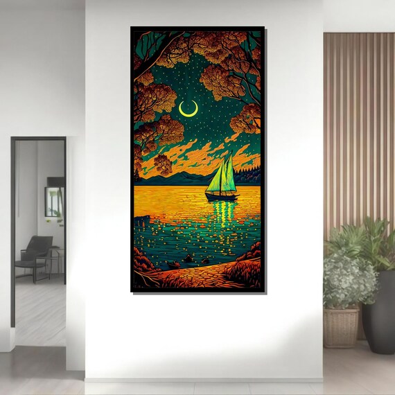 Moonlit Sailing Enchanted Night Vibrant Nautical Art Print Dreamy Landscape Painting Wall Art Decor Ready To Hang