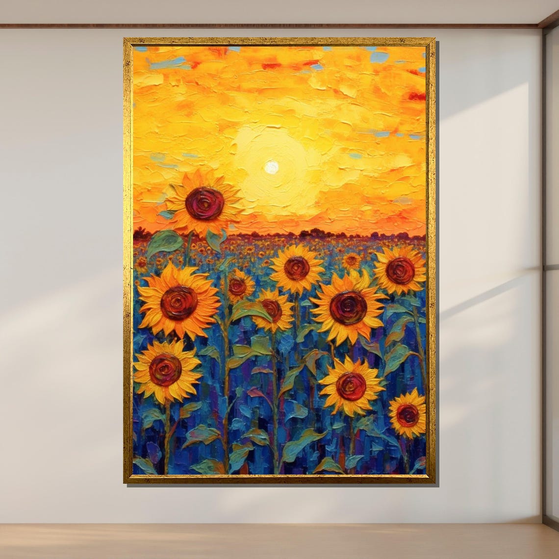 Sunflower Field Sunset Golden Hour Vibrant Impasto Floral Art Poster