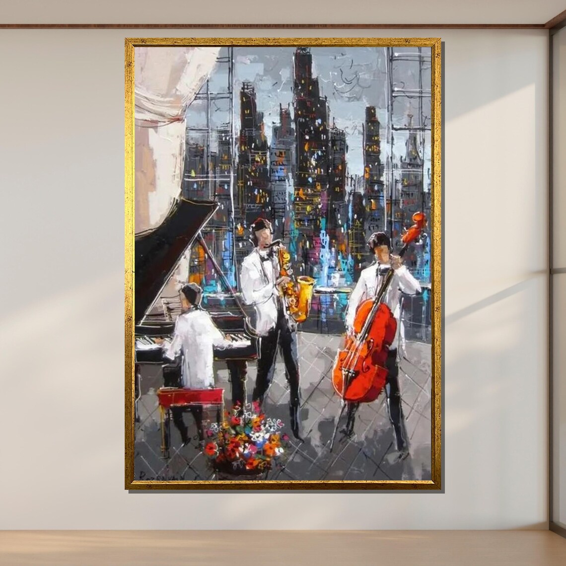 Jazz Trio Night Cityscape Saxophone Piano Cello Urban Music Art Poster - Image 2