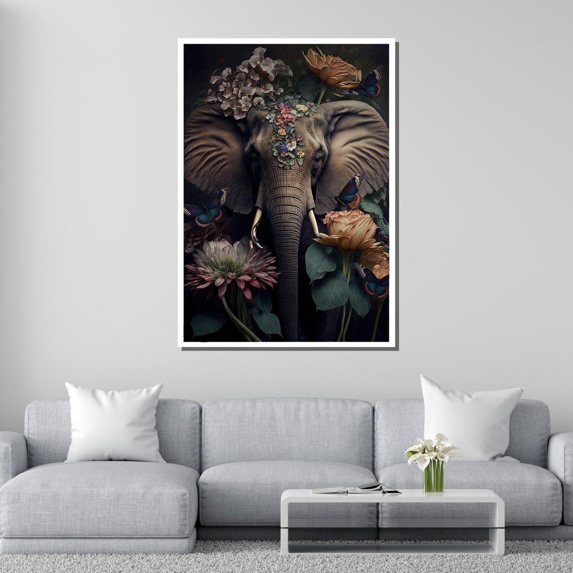Floral Elephant Portrait Dark Botanical Wildlife Wall Art Poster - Image 2