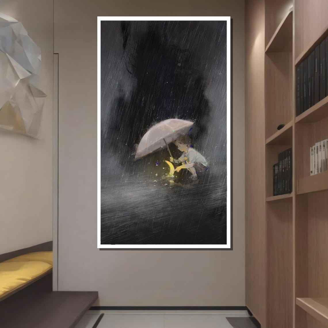 Magical Rainy Night Boy With Umbrella Glowing Moonlight Fantasy Poster - Image 2