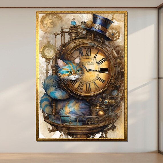 Steampunk Cat Clock Whimsical Feline Brass Gear Wall Art Poster