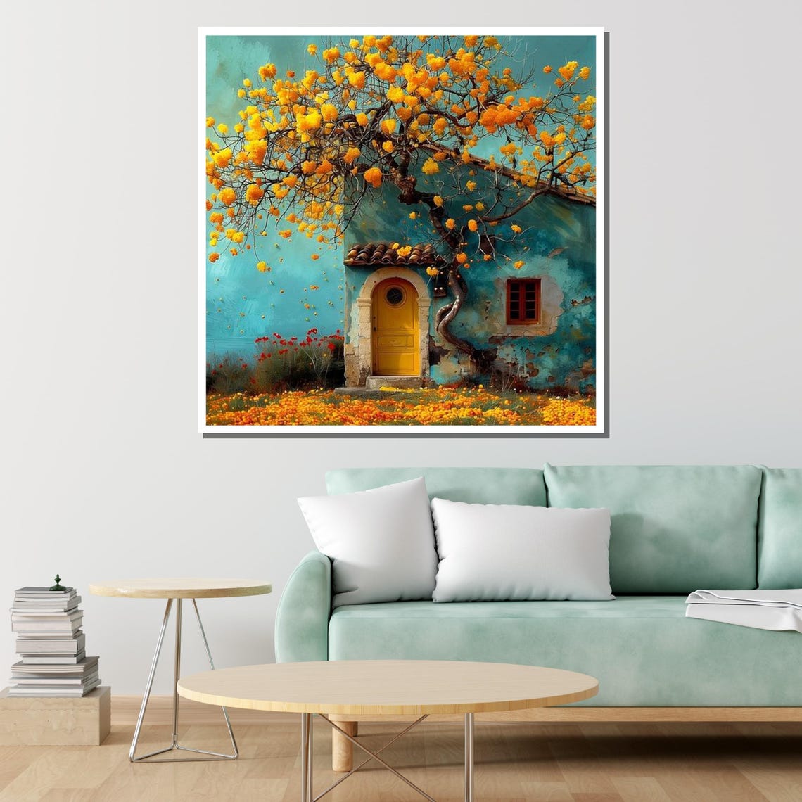 Dreamy Turquoise Cottage Yellow Blossom Tree Rustic House Art Poster - Image 2