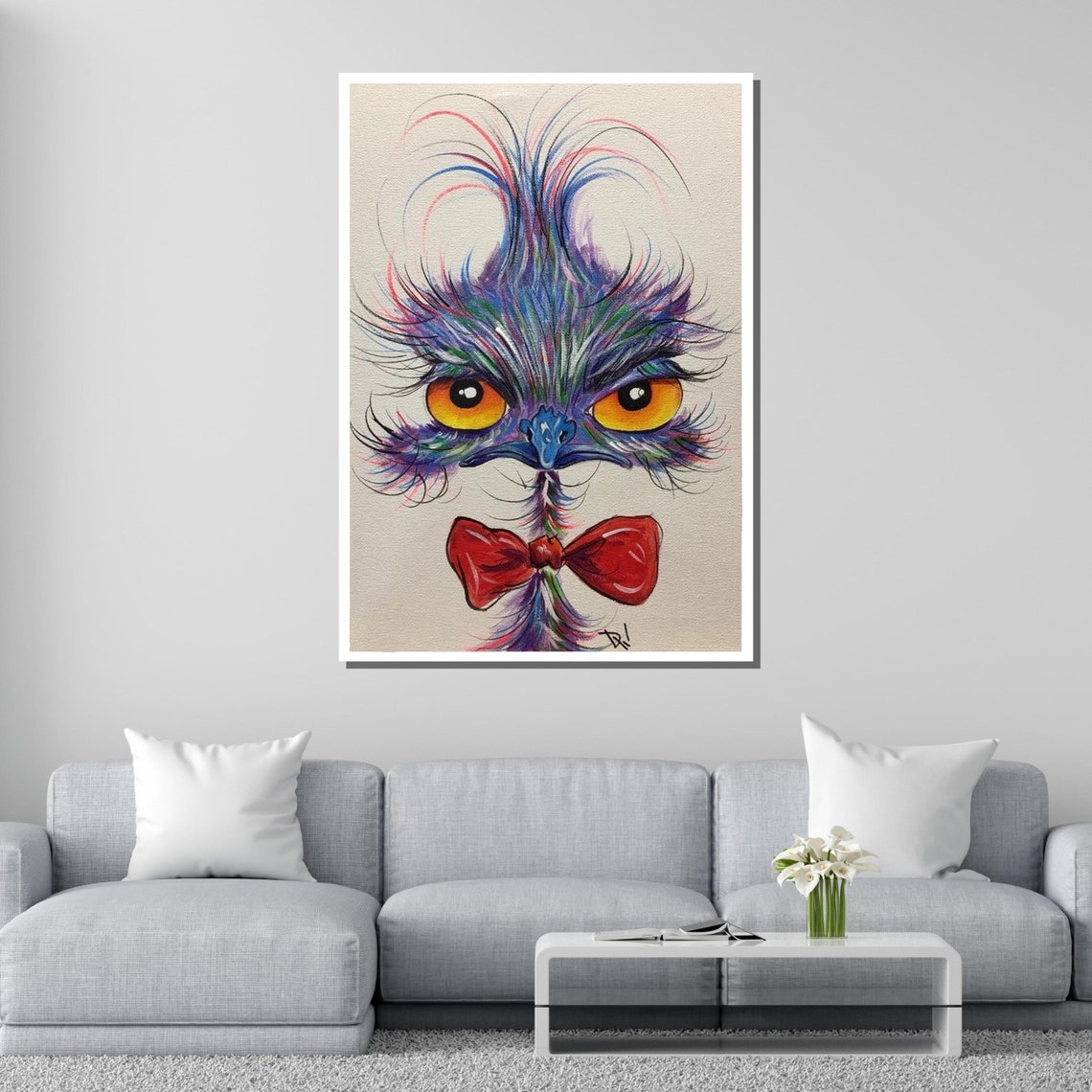 Quirky Ostrich With Red Bow Tie Colorful Bird Portrait Wall Poster - Image 2