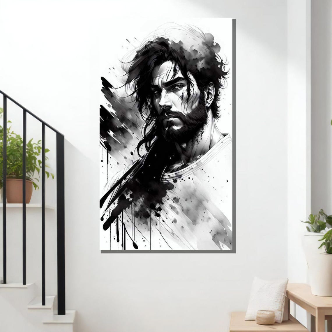 Intense Warrior Portrait Art Black And White Bold Male Figure Print Dramatic Wall Decor Ready To Hang Artwork - Image 3