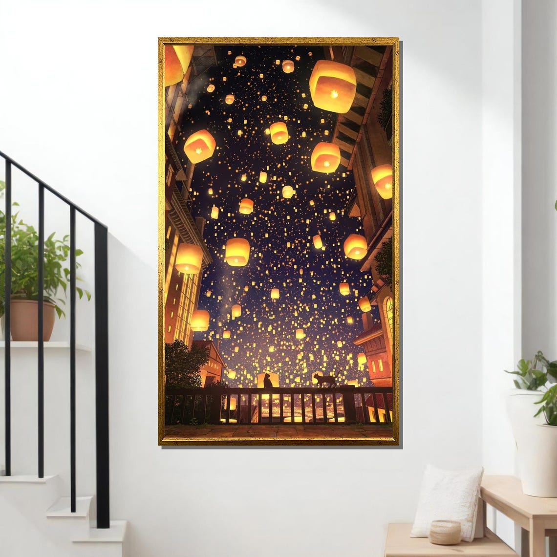 Floating Sky Lanterns Magical Night Festival Glowing Street Art Poster