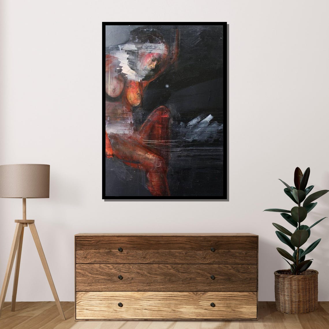 Dark Contemplative Nude Expressionist Red Black Figure Art Poster