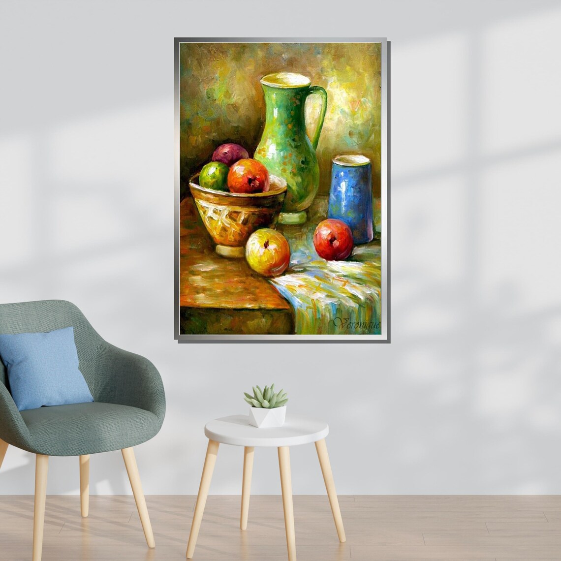 Rustic Fruit Still Life Vibrant Kitchen Art Colorful Jug And Apples Traditional Oil Painting Ready To Hang Home Decor - Image 3