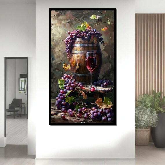 Wine Barrel Still Life Red Grapes Glass Rustic Vineyard Art Wall Poster