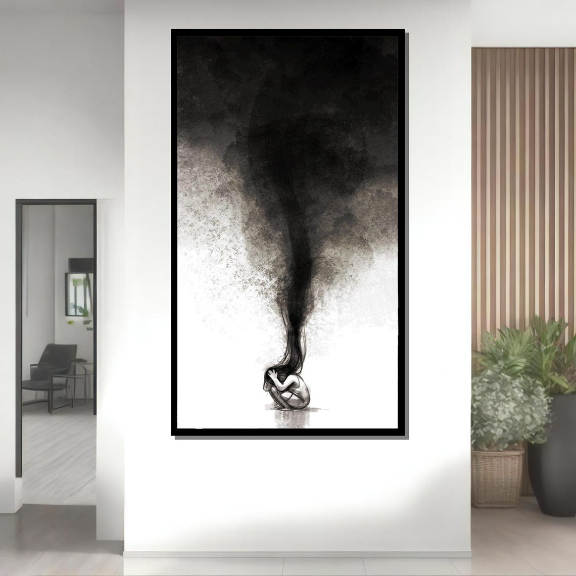 Inner Storm Grayscale Woman Crouched Under Dark Cloud Ink Wash Poster - Image 4