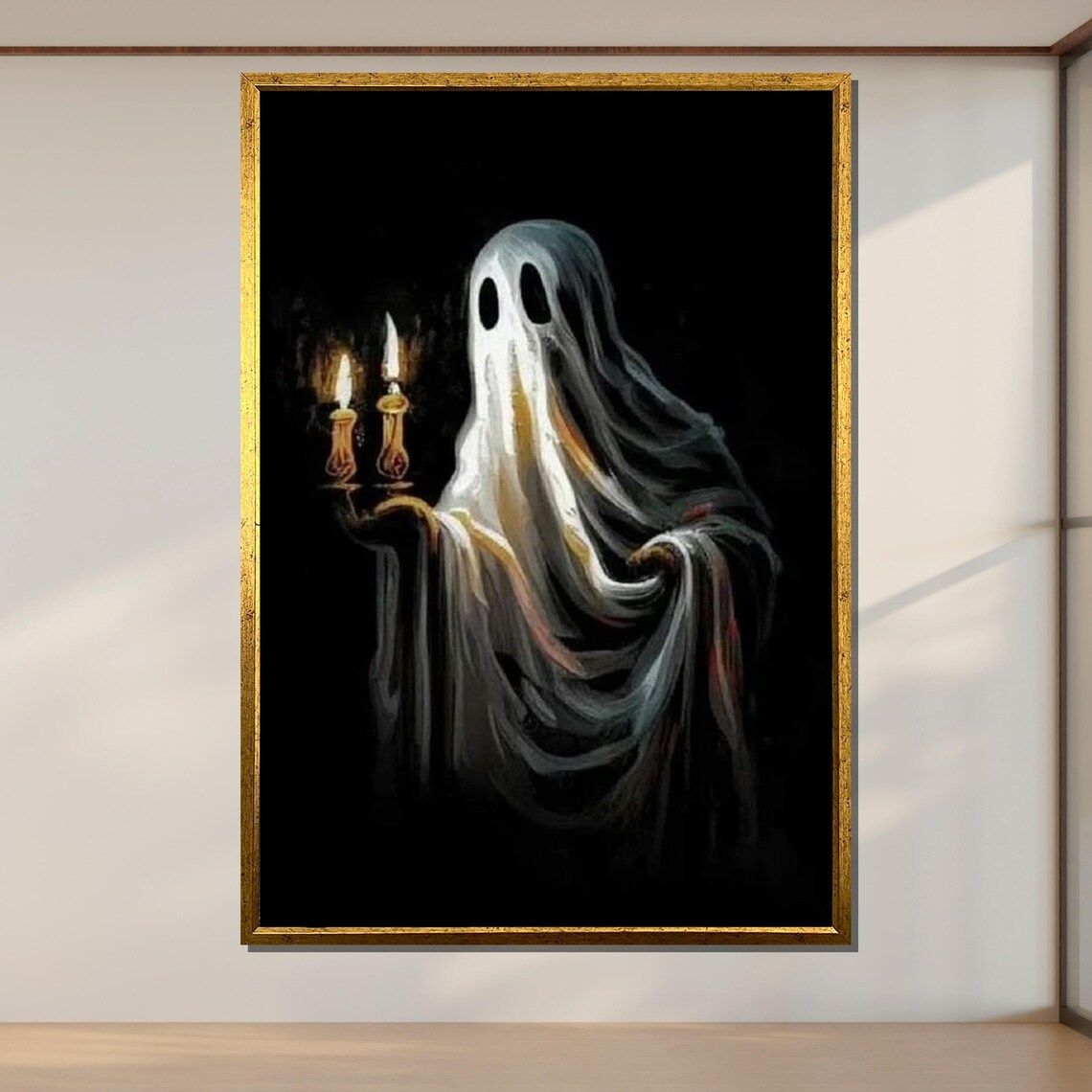 Sheet Ghost Holding Candelabra Dark Spooky Halloween Night Wall Art Poster